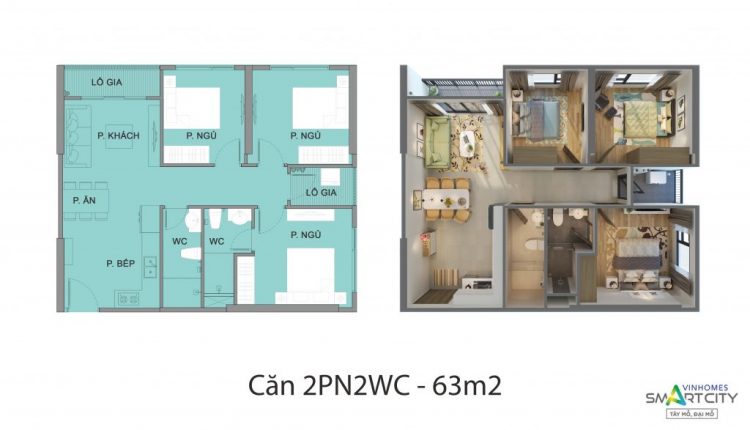 thiết kế 3D căn hộ 2 phòng ngủ
